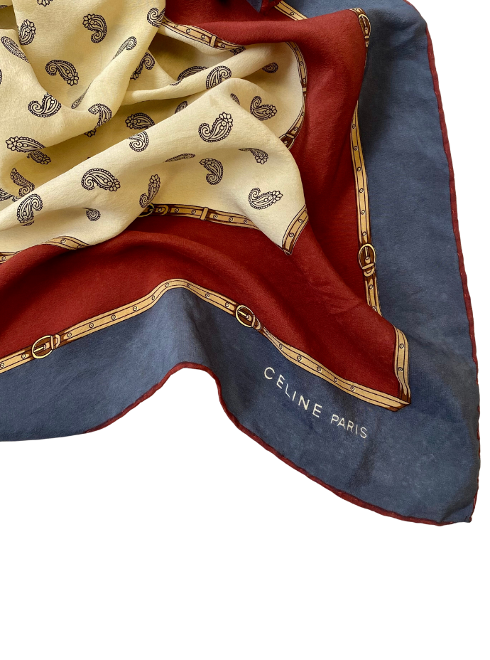 CELINE Paris VTG 1970s Womens Silk Scarf / Monogram Print Gold 