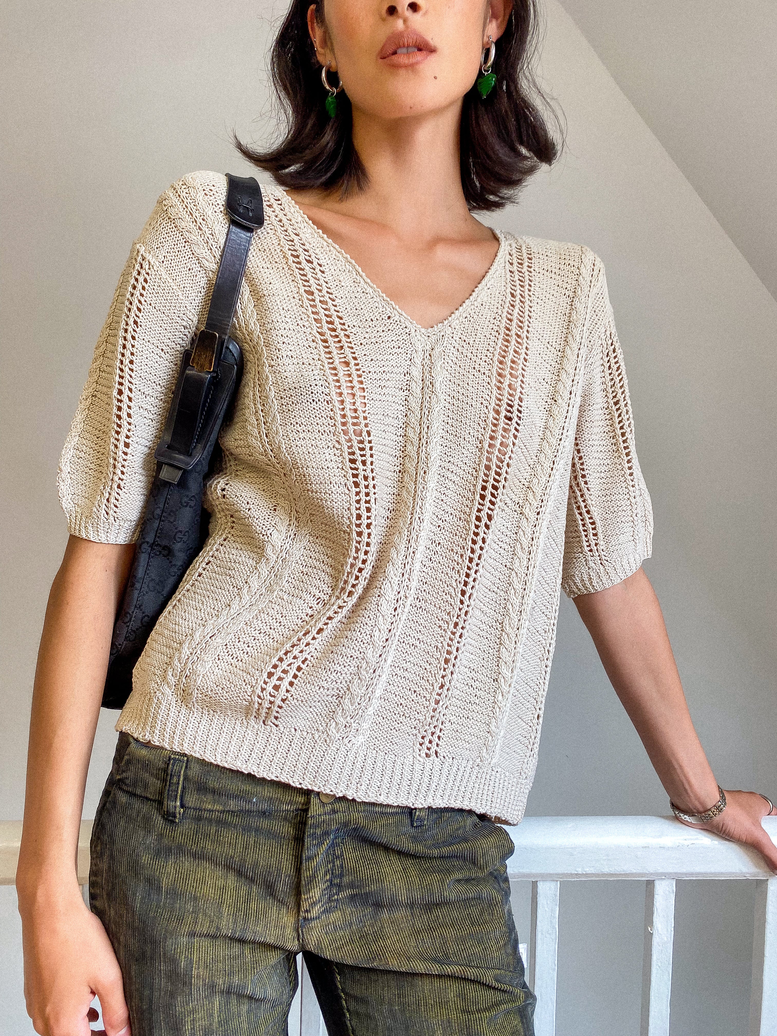 Buttermilk 2000s knit top with short sleeves, see through and v neckline.