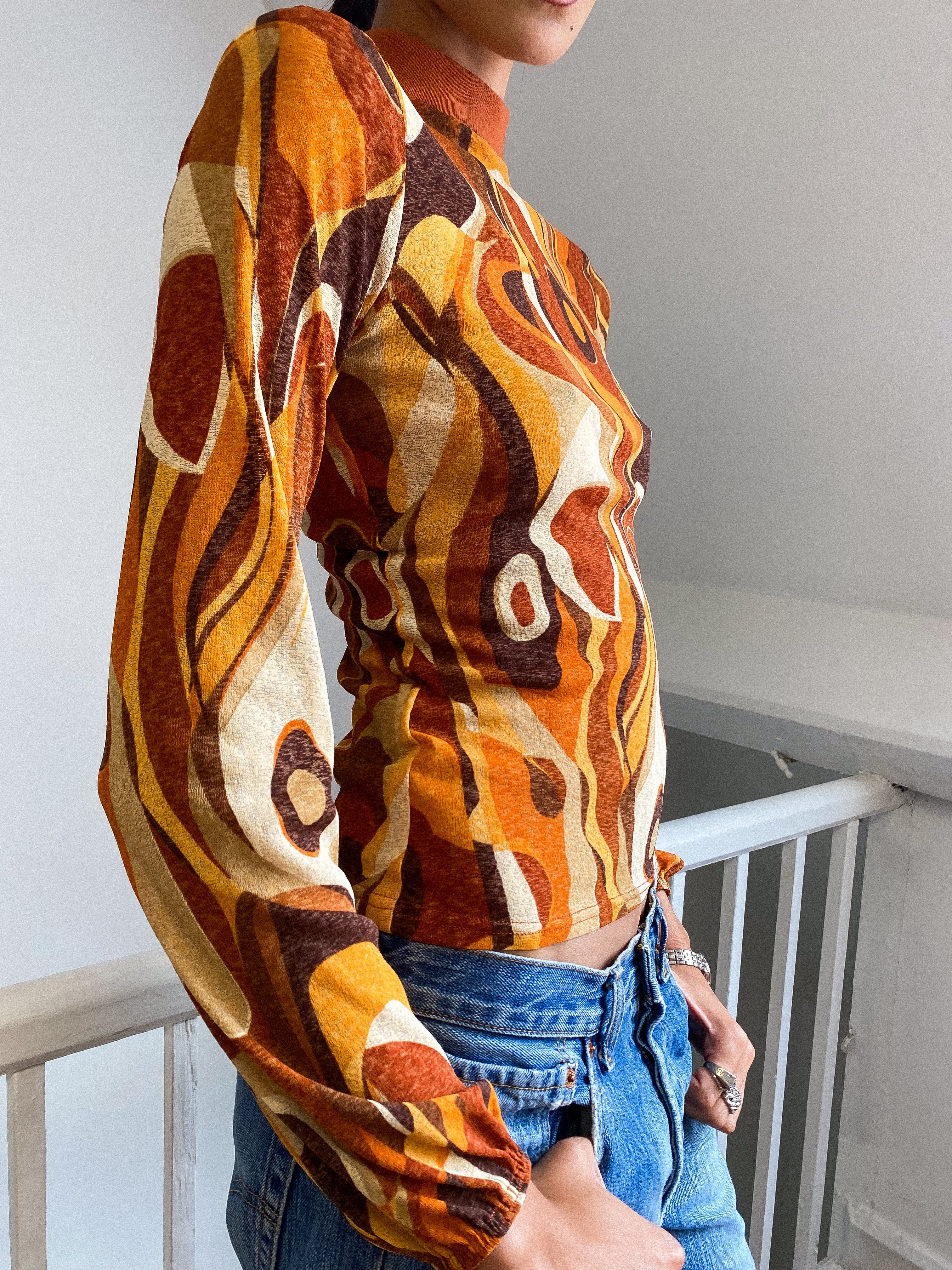 Abstract 70s Print Sheer Top Size S - M