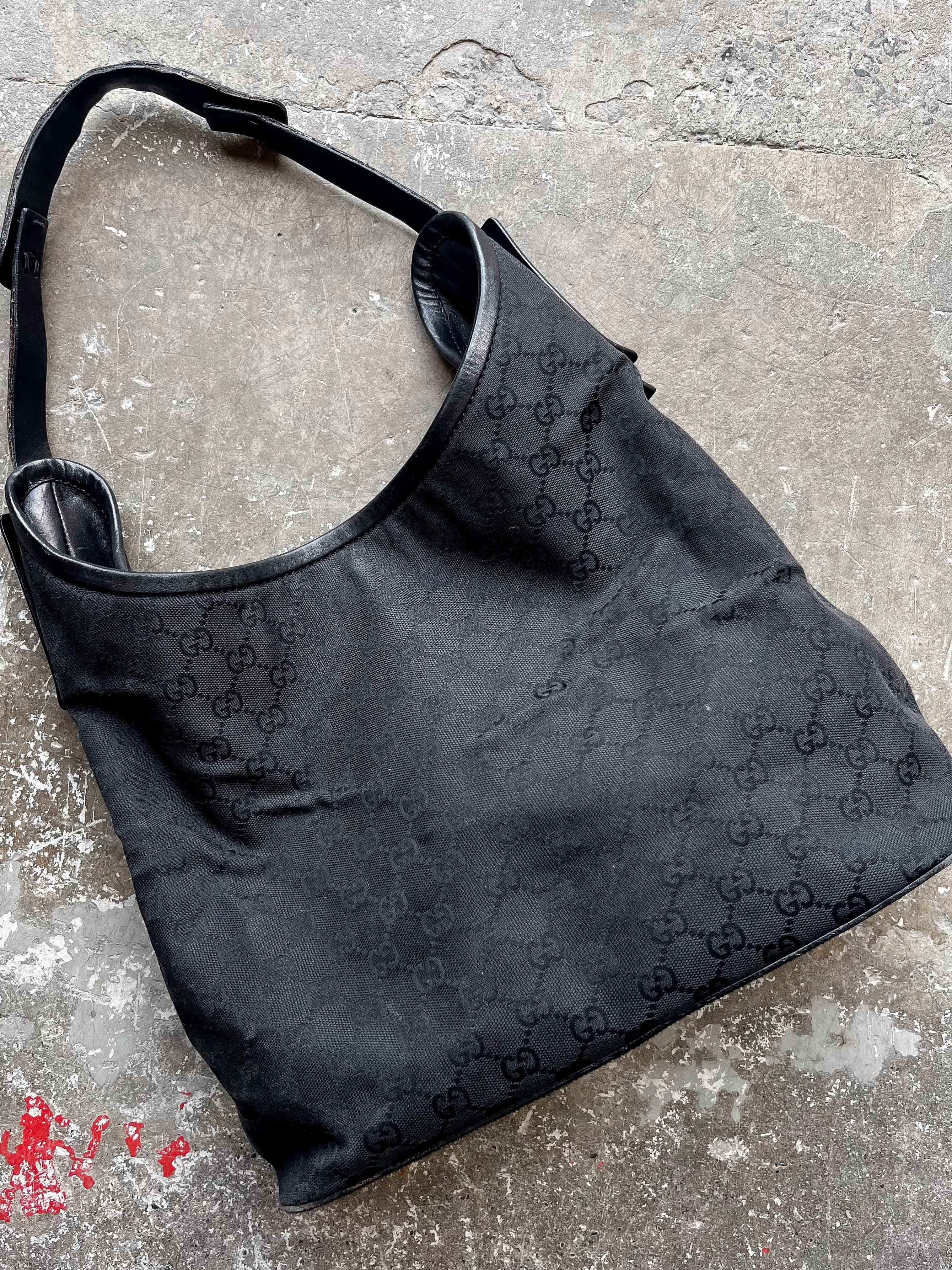Gucci 90s Black Suede Monogram Hobo Shoulder Bag