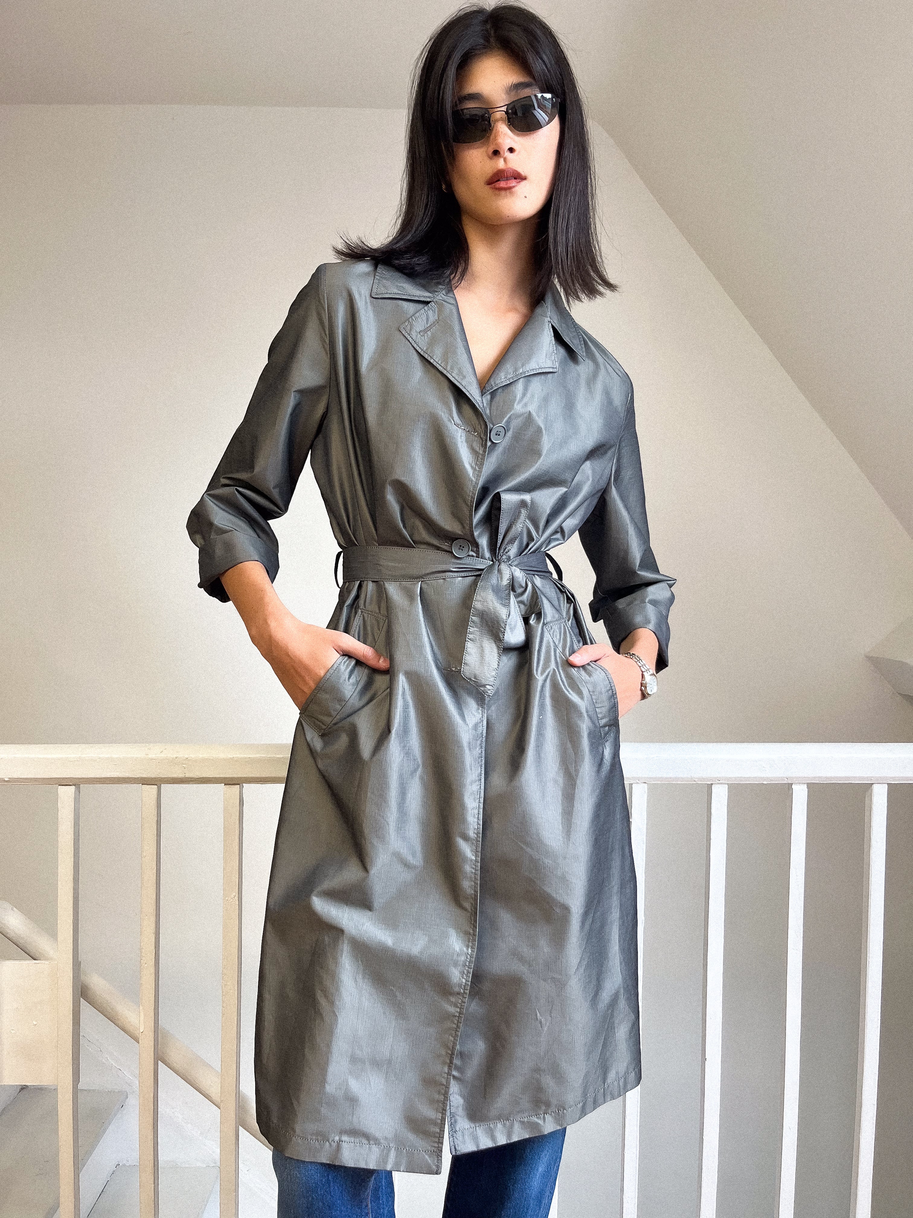 1980s Charcoal Shell Trench Size M - L