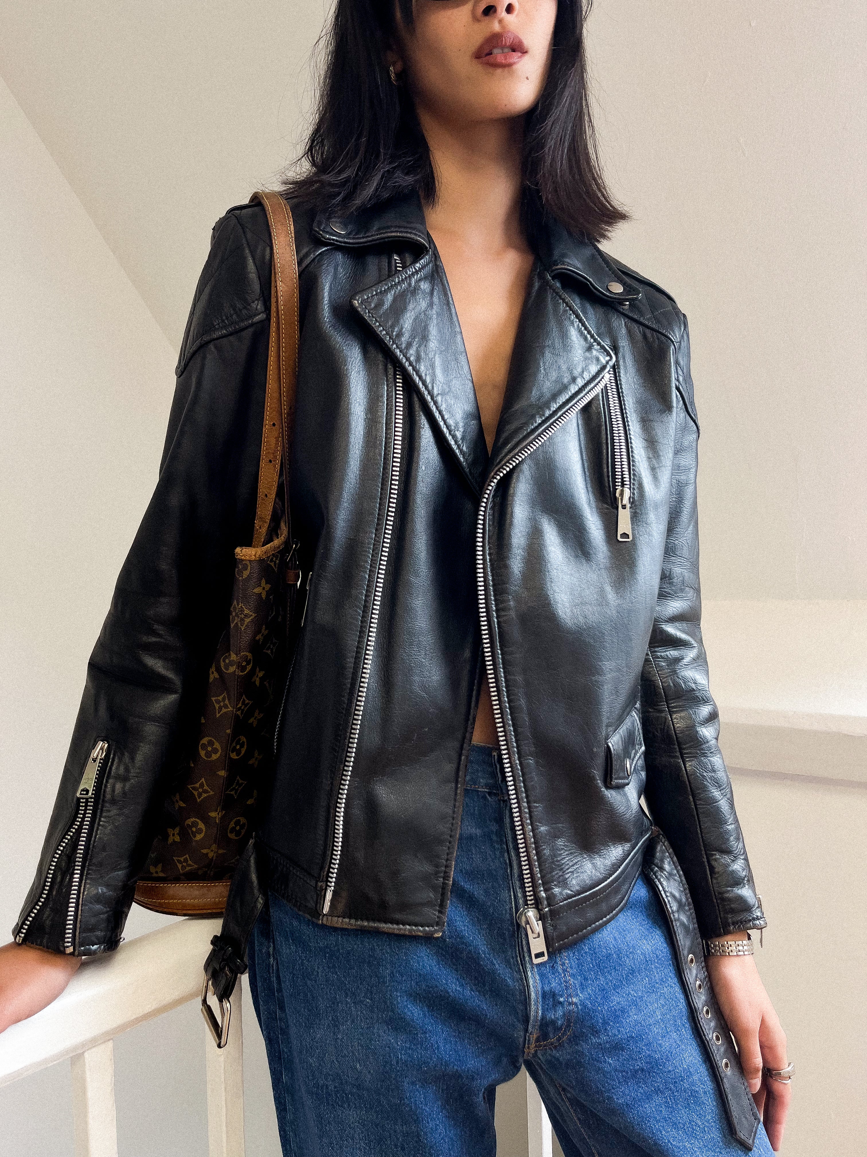 1980s Ebony Leather Biker Jacket Size M - L
