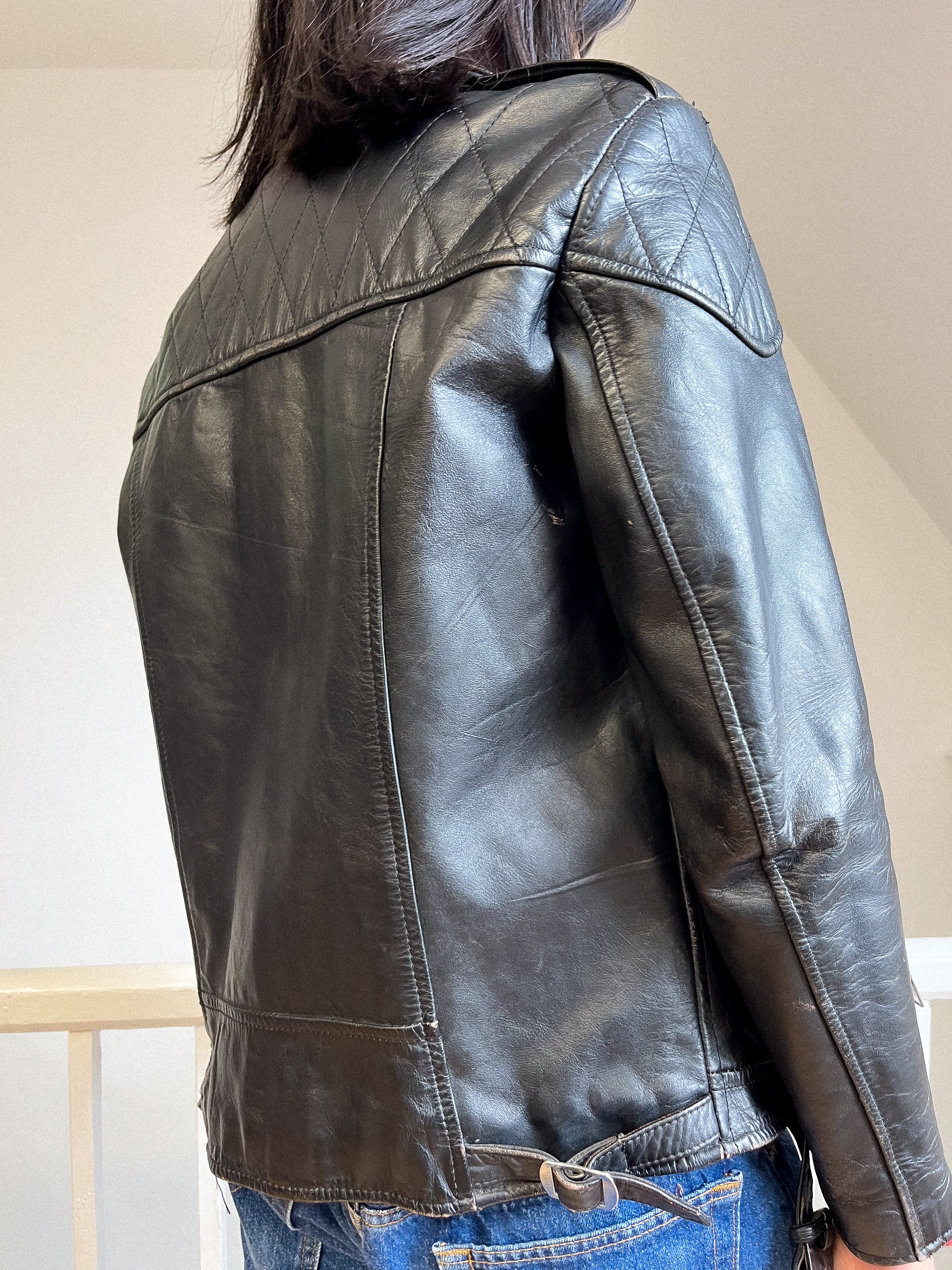 1980s Ebony Leather Biker Jacket Size M - L