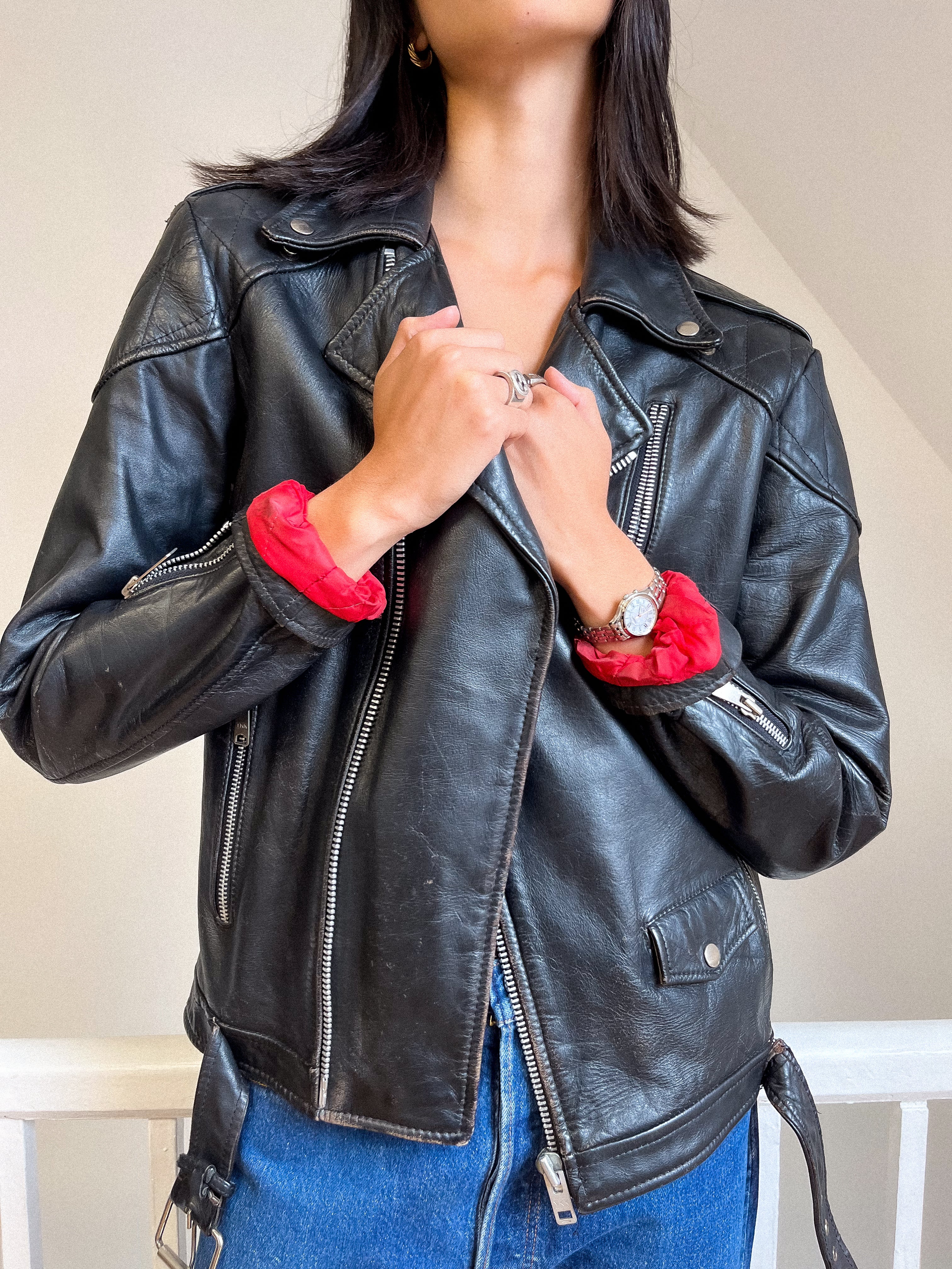 1980s Ebony Leather Biker Jacket Size M - L